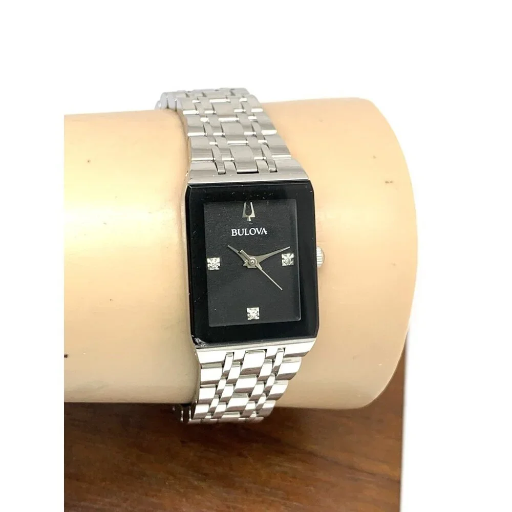 Bulova Women's Watch 96P202 Quartz Black Dial Diamond Quadra Silver Steel CHIP